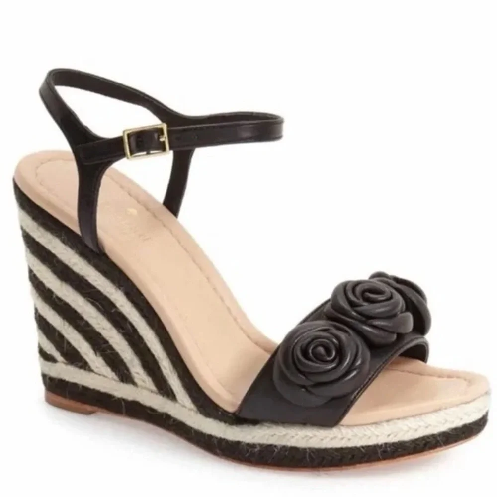 Kate Spade New York Jill Rosette Black Cream Espadrille Platform Wedge Sandals